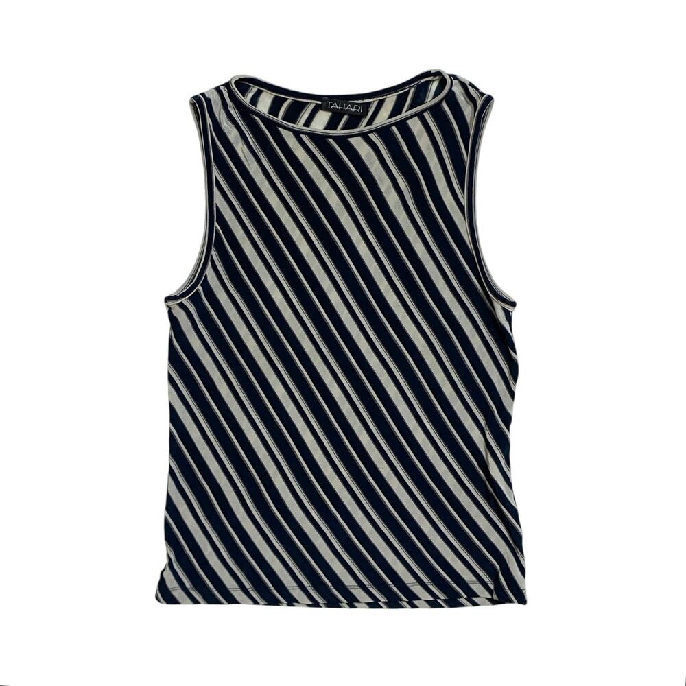 90s Tahari Slinky Navy Diagonal Stripe Sleeveless Top